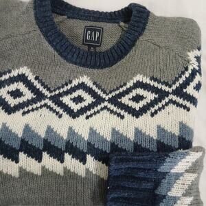 GAP Men's XL Fairisle Crew Heather Grey Acrylic/Wool Grey/Blue/White Sweater